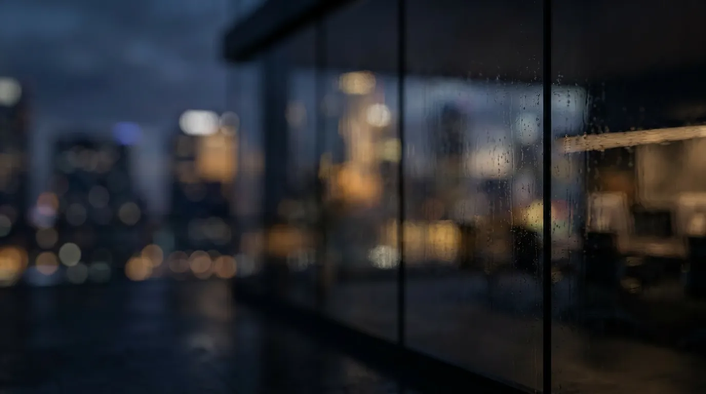 Abstract dark out-of-focus background bokeh reflections on a glass conference table in a modern corporate headquarters