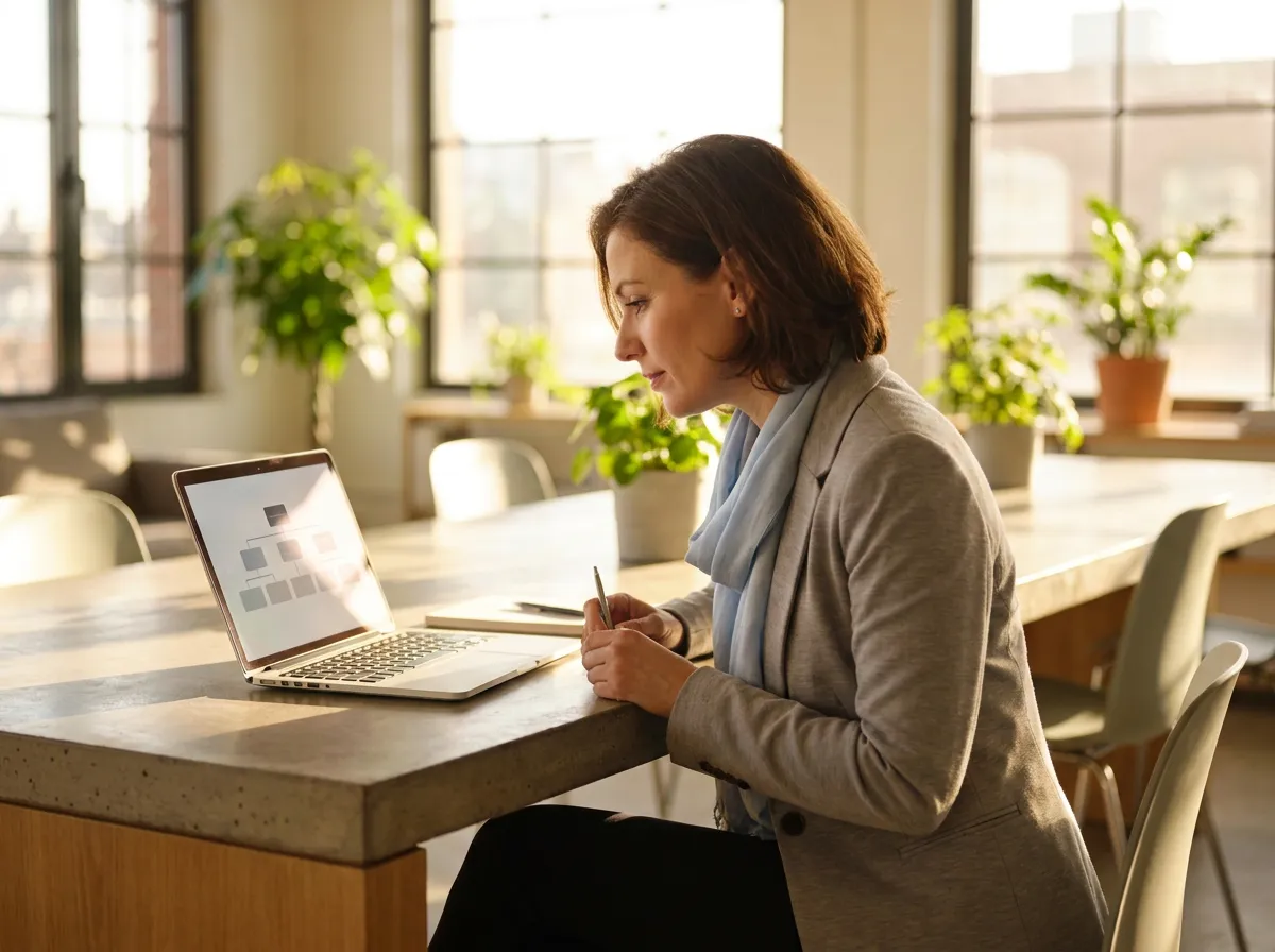 A focused female founder in a modern minimalist workspace analyzing a high-level corporate organization chart on her laptop screen