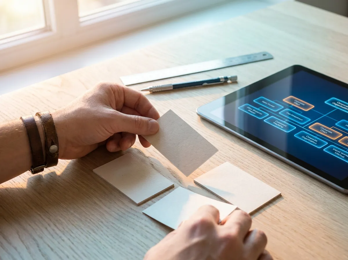 Entrepreneur's hands arranging modular cards and tablet showing company structure