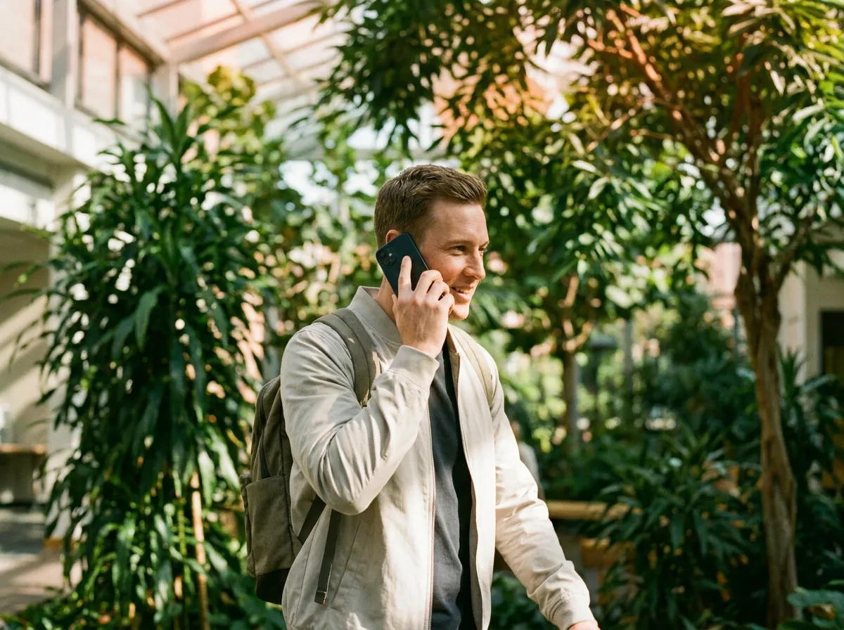 Manager walking in sunlit atrium dictating plain English tasks on phone