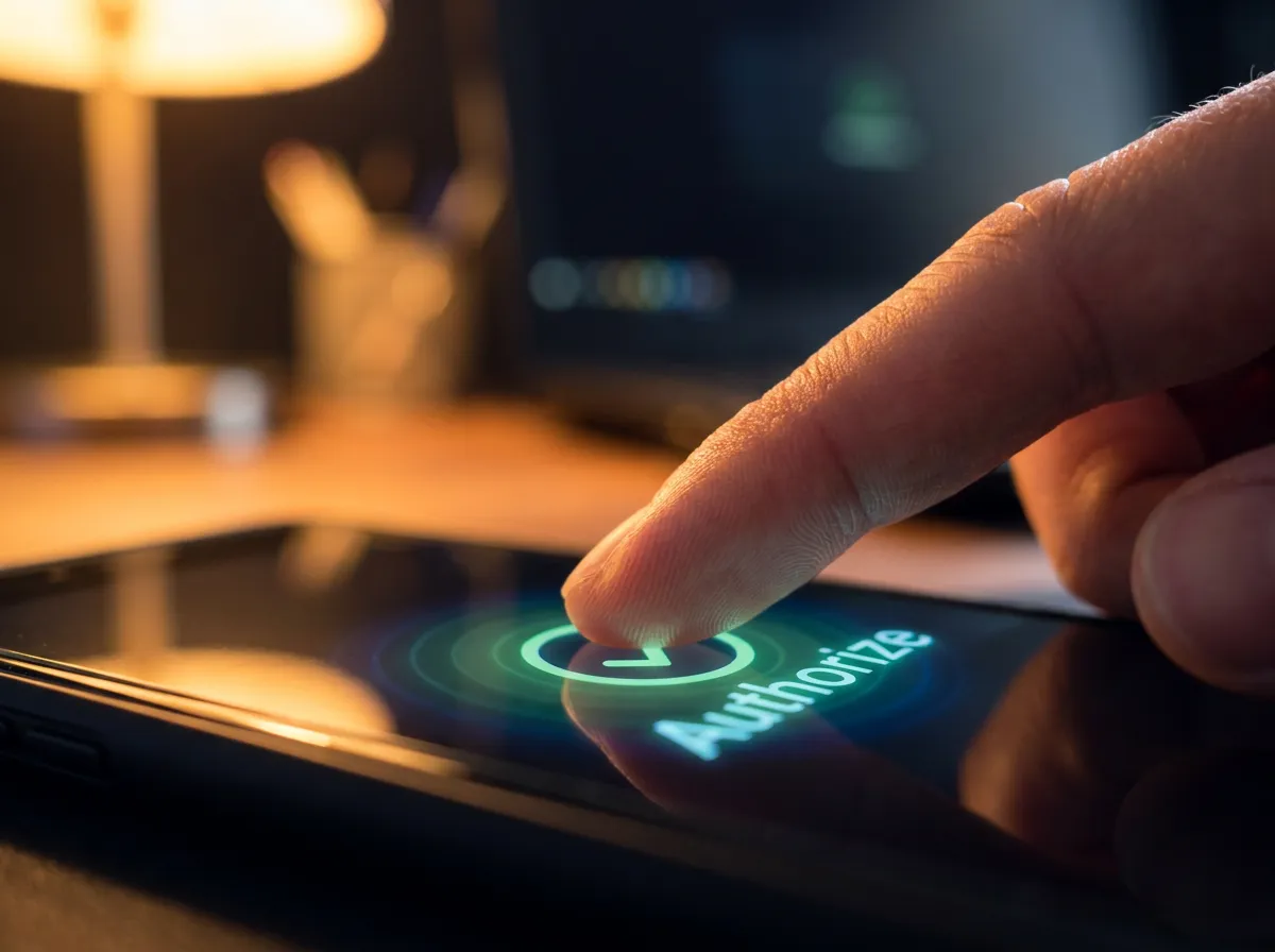 Close up of hand authorizing operational action on touch screen with complete human oversight